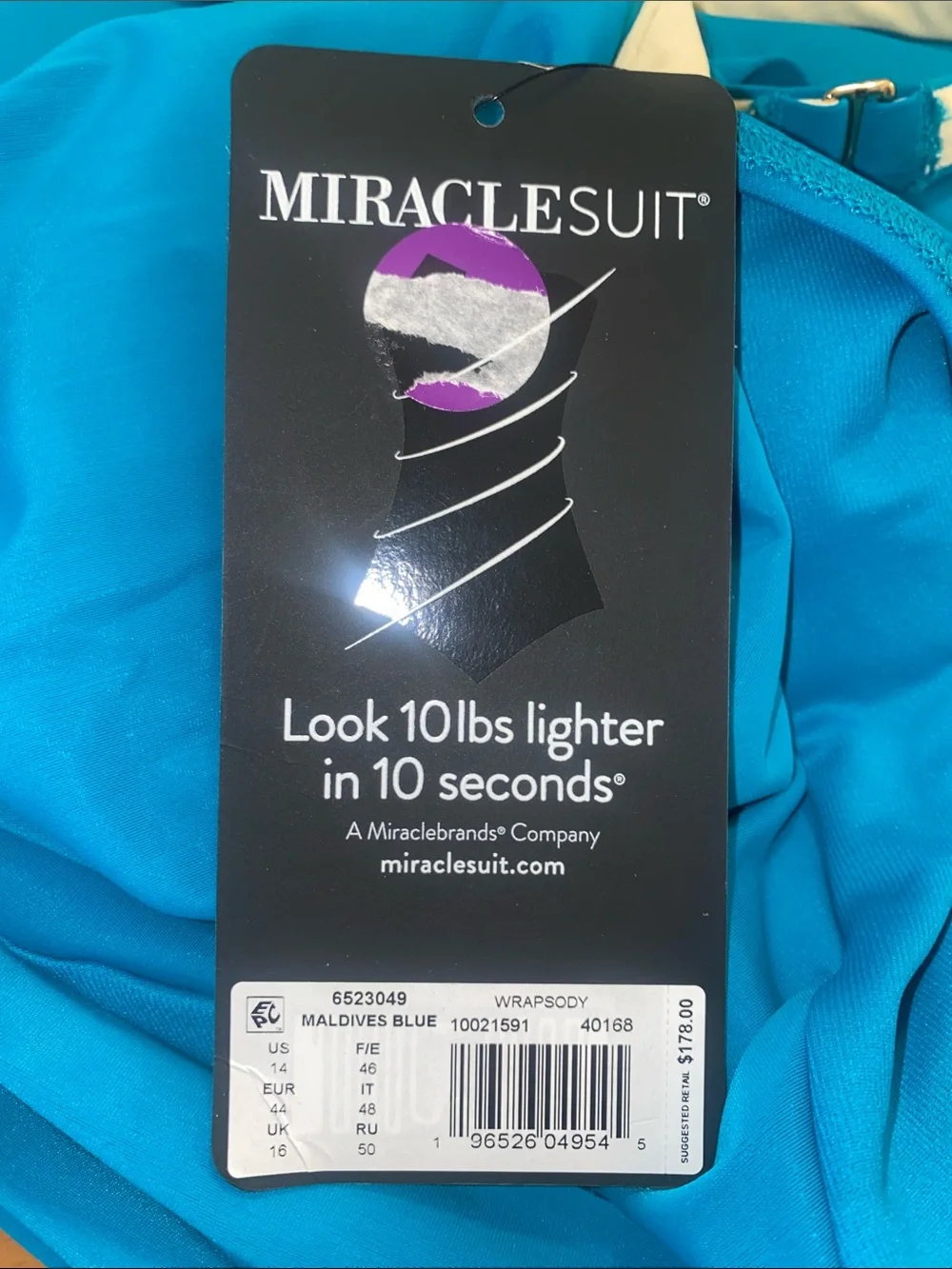 MiracleSuit Wrapsbody one piece full coverage swimsuit in Maldives Blue. Sz. 14